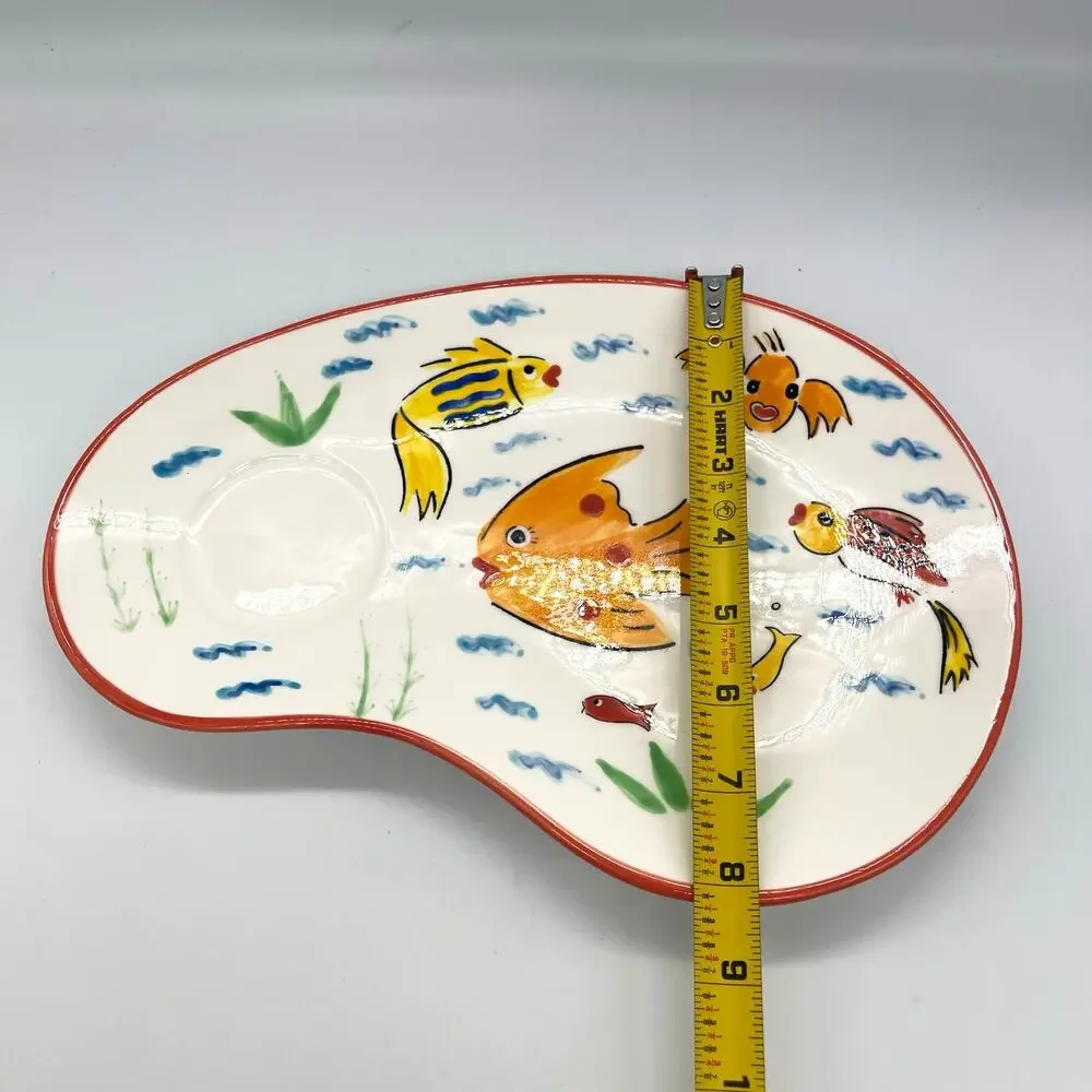 Les Tropiques Strata Snack Plate & Cup & Spreader Set Hand Painted Tropical Fish